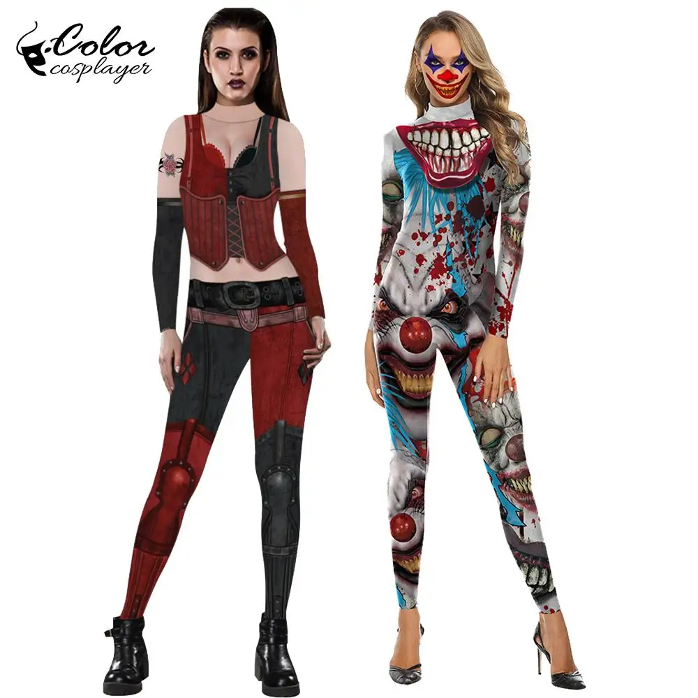 

Color Cosplayer 2021 Purim Carnival Costumes For Women Clothing Joker Cosplay Bodysuit Movie Costume Clown Catsuits