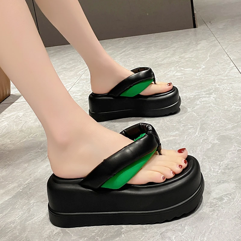 Women Clip Toe Chunky Platform Slippers for Summer 7.5CM Wedge Heels Flip Flops Woman Black Slip-On Thick Bottom Sandals Laides