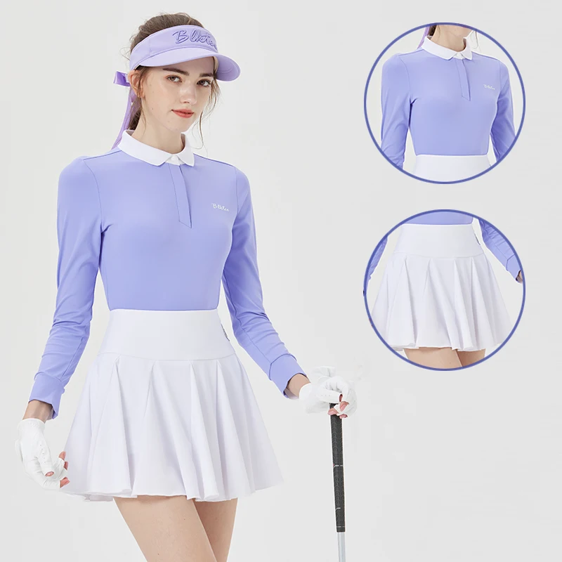 

Блузка Blktee женская с круглым вырезом, эластичная рубашка для гольфа, топ-поло с длинным рукавом, облегающая плиссированная юбка с завышенной талией, спортивная одежда