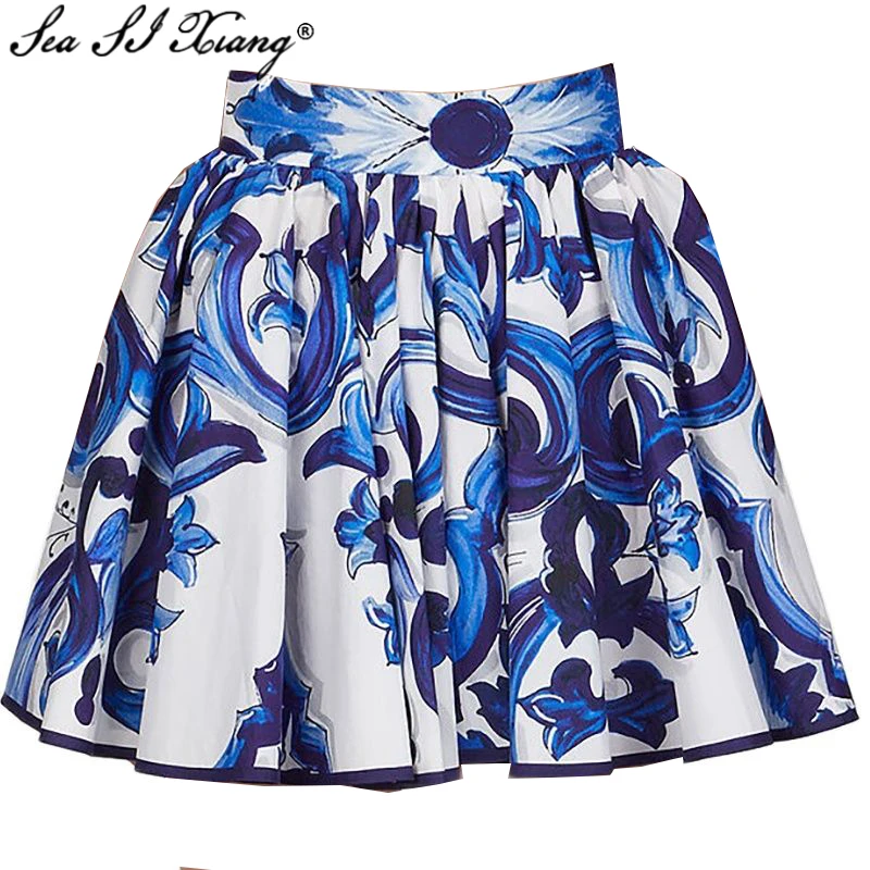 Seasixiang Fashion Designer Summer 100%Cotton Skirts Women High Waist Blue Flower Print Sicily Vacation Short Skirts