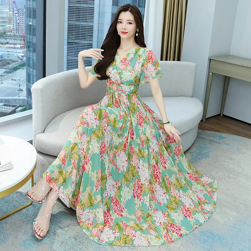 

Женское длинное шифоновое платье, элегантное модное вечернее платье в стиле бохо, пляжные туники с цветочным принтом, лето 2022