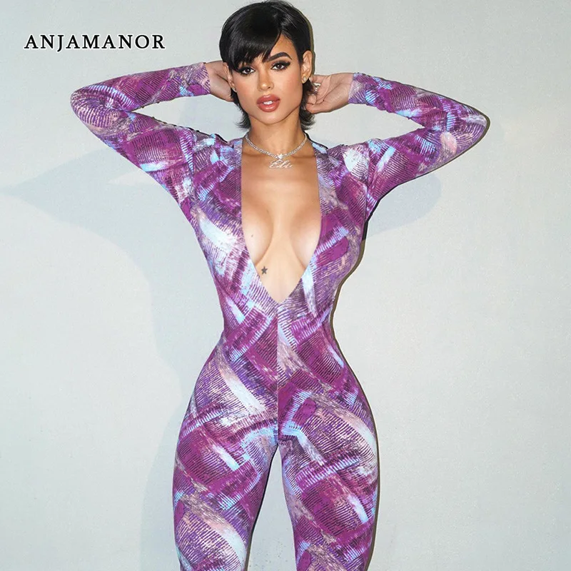 

ANJAMANOR Purple Print Deep V Neck Backless Jumpsuit Long Sleeve Baddie Outfits for Woman Sexy Club Wear Fall 2023 D85-CC23