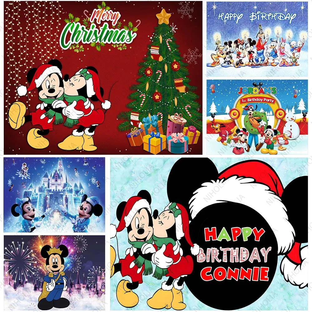 

Disney Mickey Minnie Mouse Backdrop For Christmas Festival Photography White Snow Merry Christmas Background For Birthday Party