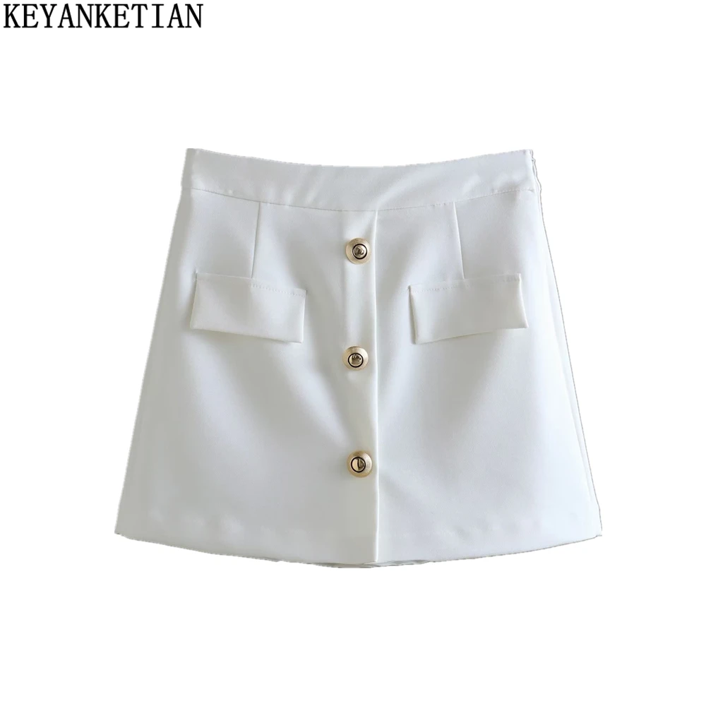 

KEYANKETIAN Summer New Women's Gold Button With Zipper High Waist WhiteShorts Fashion Commuter Style Women's Culottes