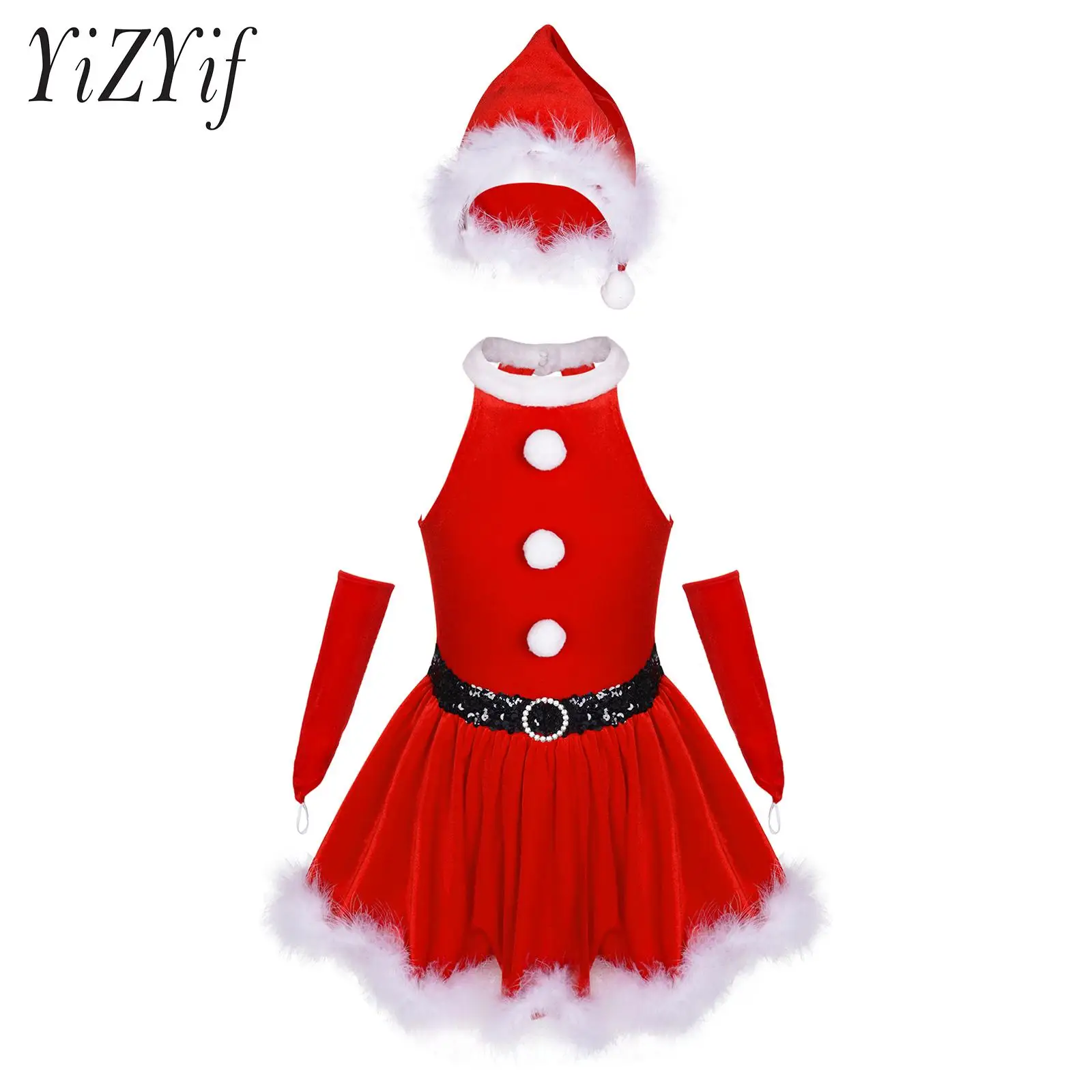 Kids Girls Classic Christmas Red Velvet Costumes A-line Dress with Feather Trims Santa Hat And Gloves Suit for Party