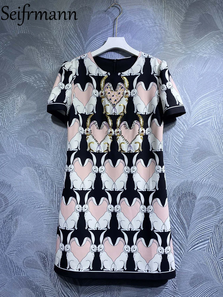 Seifrmann High Quality Summer Women Fashion Designer Mini Dress Short Sleeve Gorgeous Crystal Beading Print Colorblock Dresses