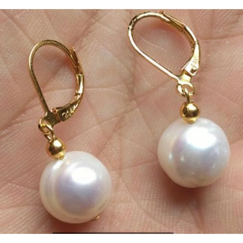 

HUGE AAA 11-12MM SOUTH SEA WHITE PEARL DANGLE EARRING GOLD