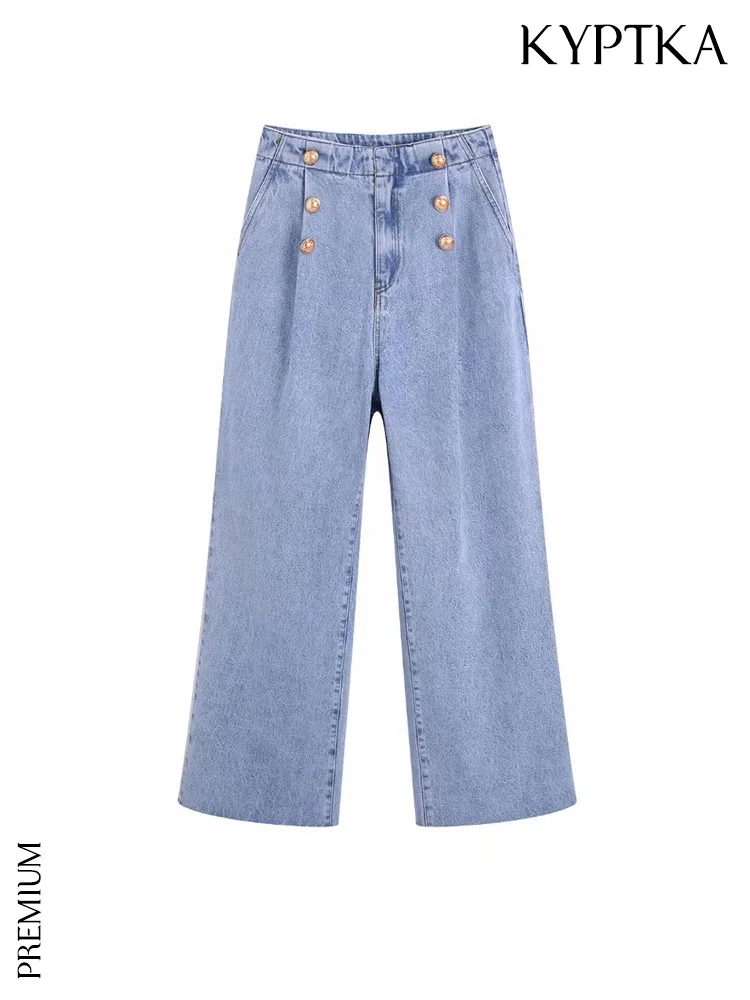 

KYPTKA Women Fashion Front Dart Wide Leg Buttoned Jeans Vintage High Waist Zipper Fly Female Denim Pants Mujer