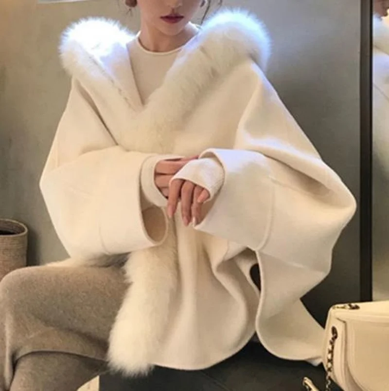 

White Imitation Fox Fur Loose Hooded Cloak Cashmere Jacket Fur Shawl Cardigan Autumn and Winter Wool Bat Sleeve Flocking Coats