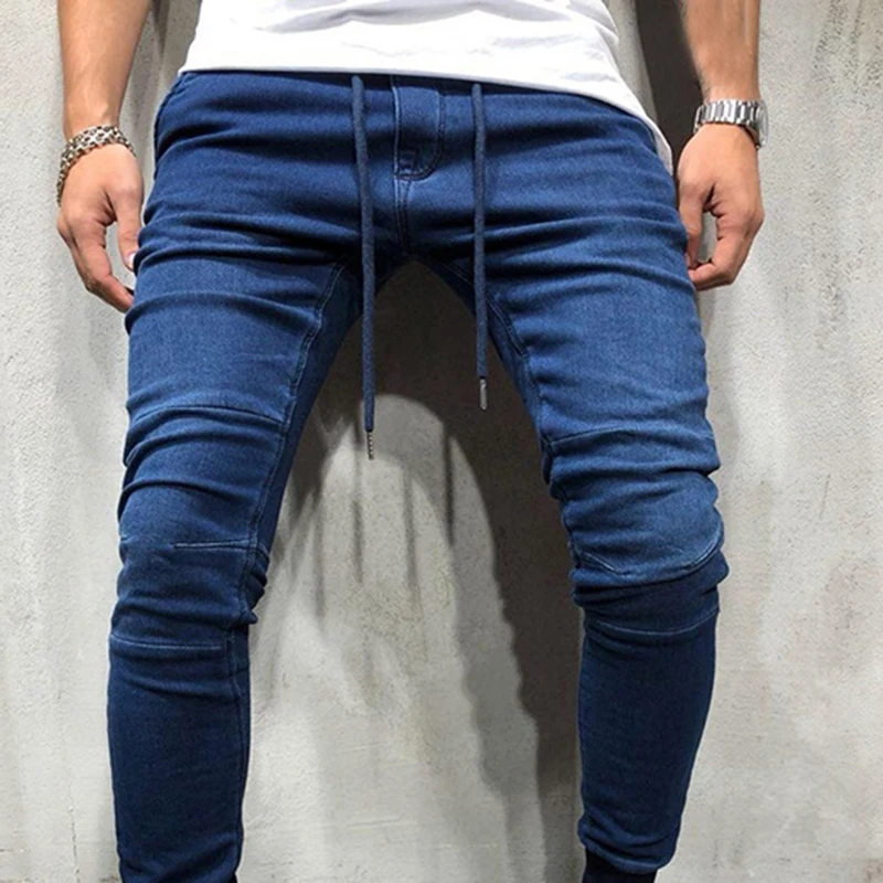 

2022 Spring New Fashion Men's Denim Casual Jeans Leggings Elastic Waist Adjustable Solid Black Bule Hip Hop Pants Trousers Man