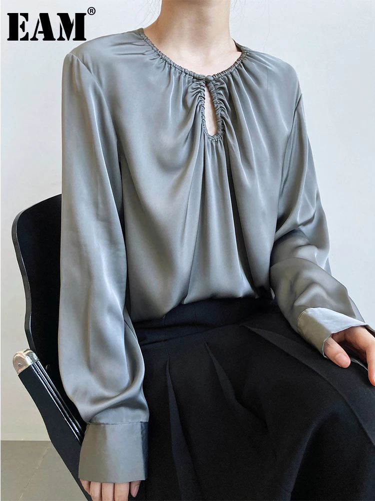 

[EAM] Женская серая открытая короткая Элегантная футболка большого размера, новая модная футболка с круглым вырезом и длинными рукавами, весн...