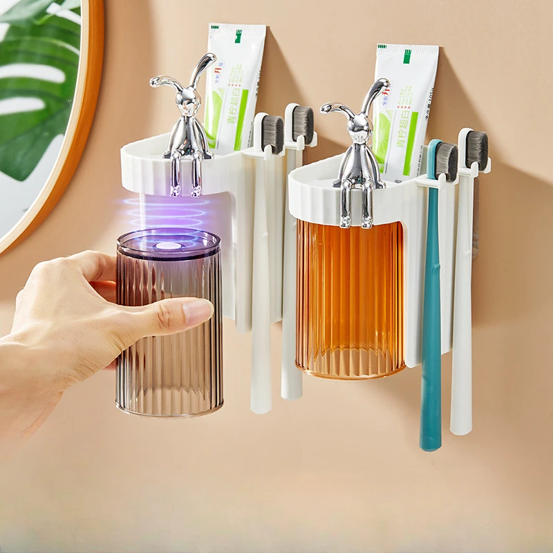 

Light Luxury Magnetic Mouthwash Cup Toothbrush Rack Free Punching Wall-mounted Household Toilet Bathroom Storage Set Organizer