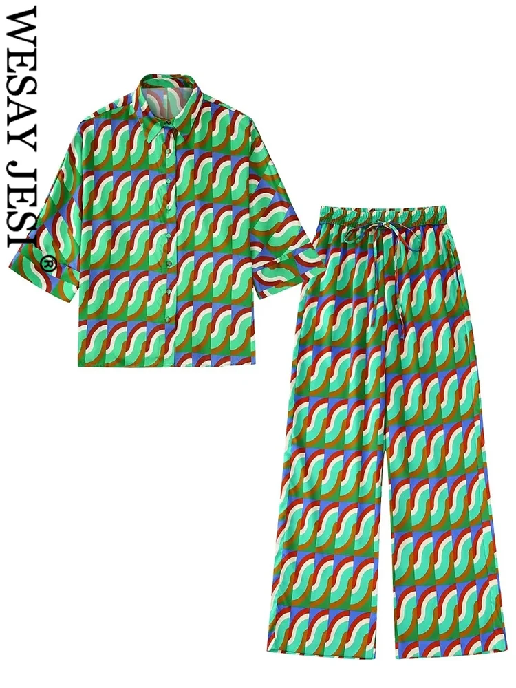 

WESAY JESI Fashion Printed Button Short Sleeve Shirt Top + Trousers Elastic Drawstring Bright Straight-leg Pants Women 2 Piece