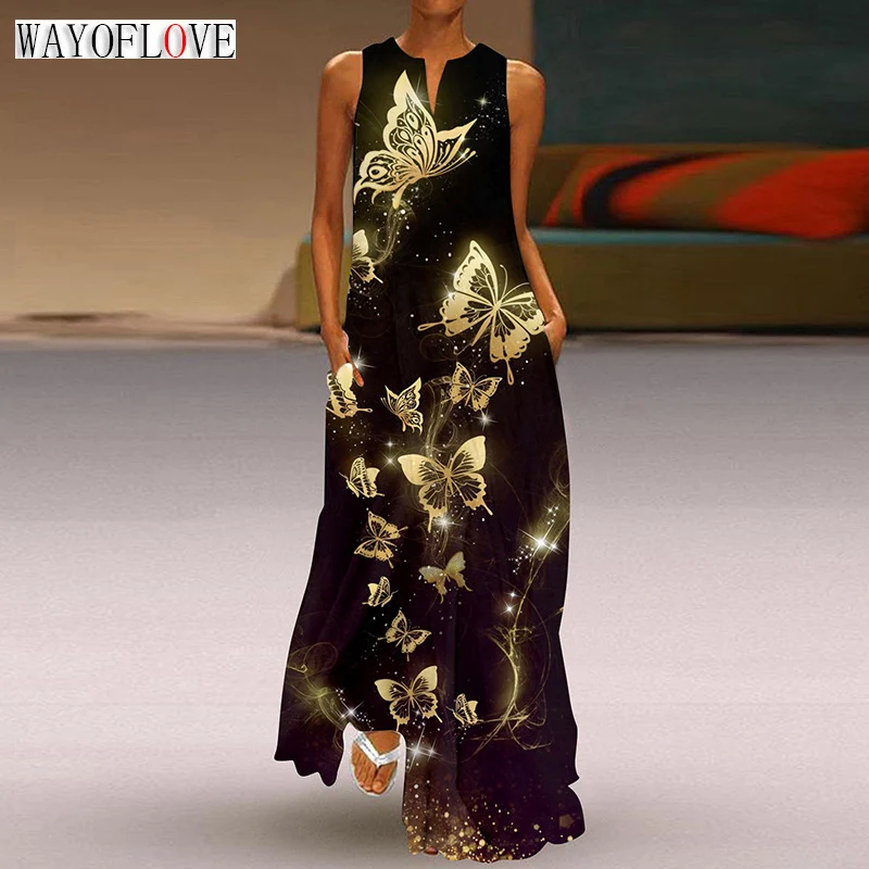 

WAYOFLOVE Ladies Spring Summer Black Long Dress Sleeveless Loose V-neck Butterfly Printed Dresses Elegant Beach Maxi Dress Women