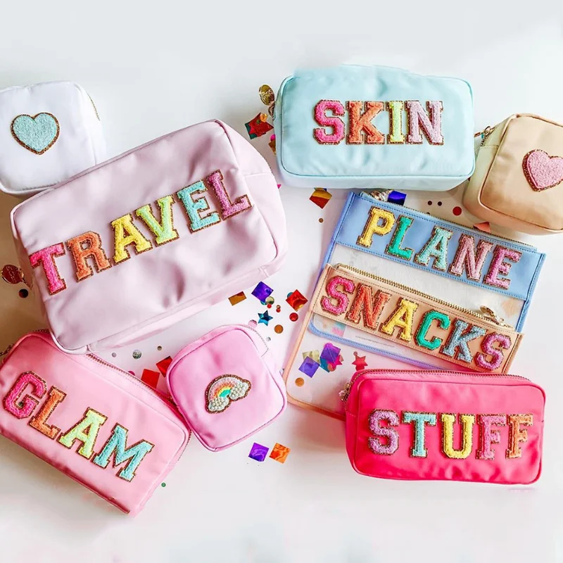 

Stock Wholesale Multi Colors Waterproof Nylon Pouch Cosmetic Bag Women Letters Patch DIY Makeup Bag Teens large toiletry bag