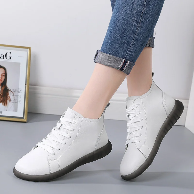 

Women Genuine Leather Sneakers Spring High-top Casual Shoes Female Slip on Cowhide Ladies Walking Loafers Youth Girls Trainers