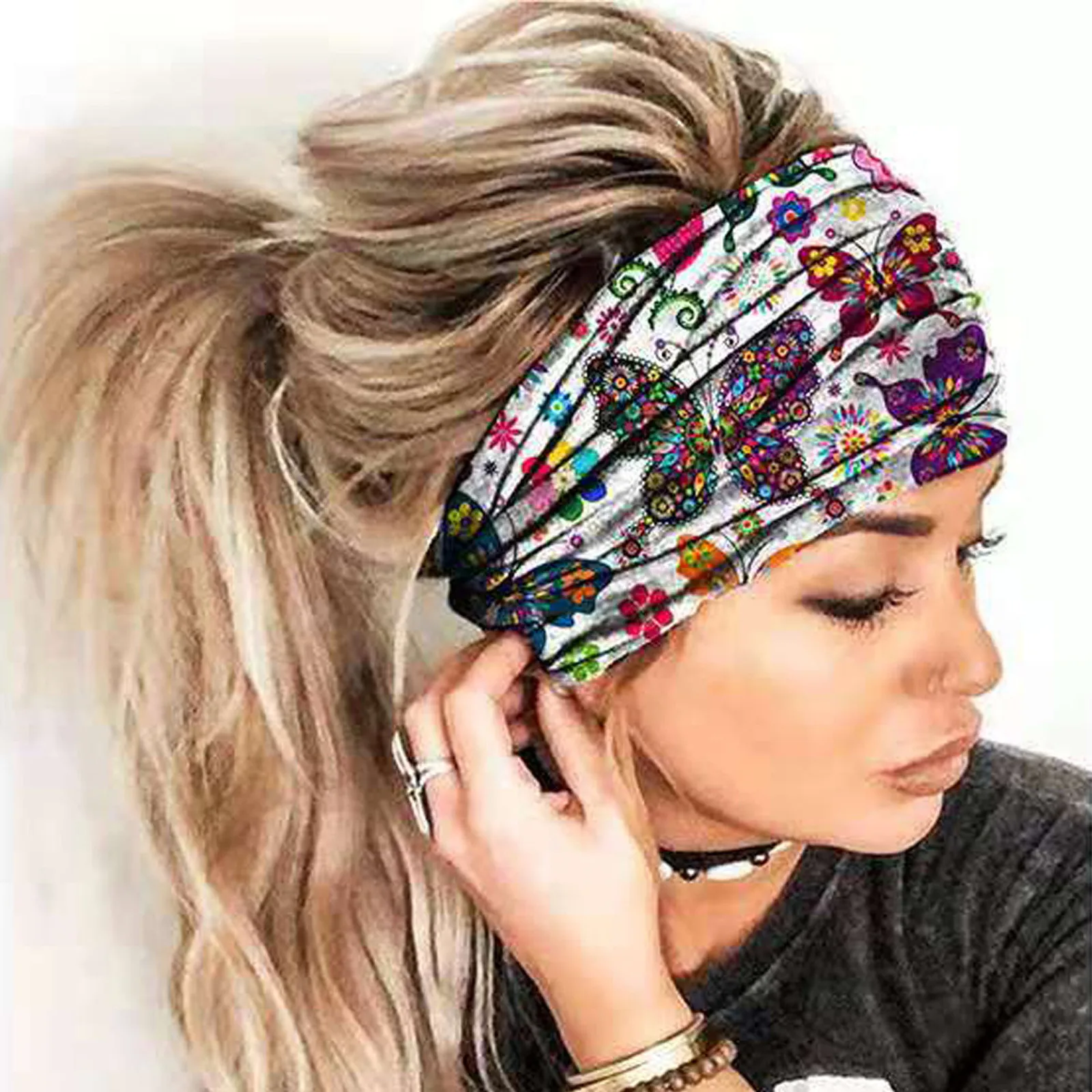 

Elastic Hair Band With Button Butterfly Printed Masks Hold Headbands Head Wrap Hairband Women Hair Accessories Unisex Running