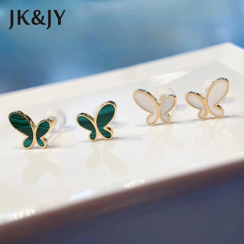 

JK&JY 18K Yellow Gold Natural Malachite White Fritillaria Butterfly Earrings Fashion Ladies Wedding Fine Jewelry High Quality