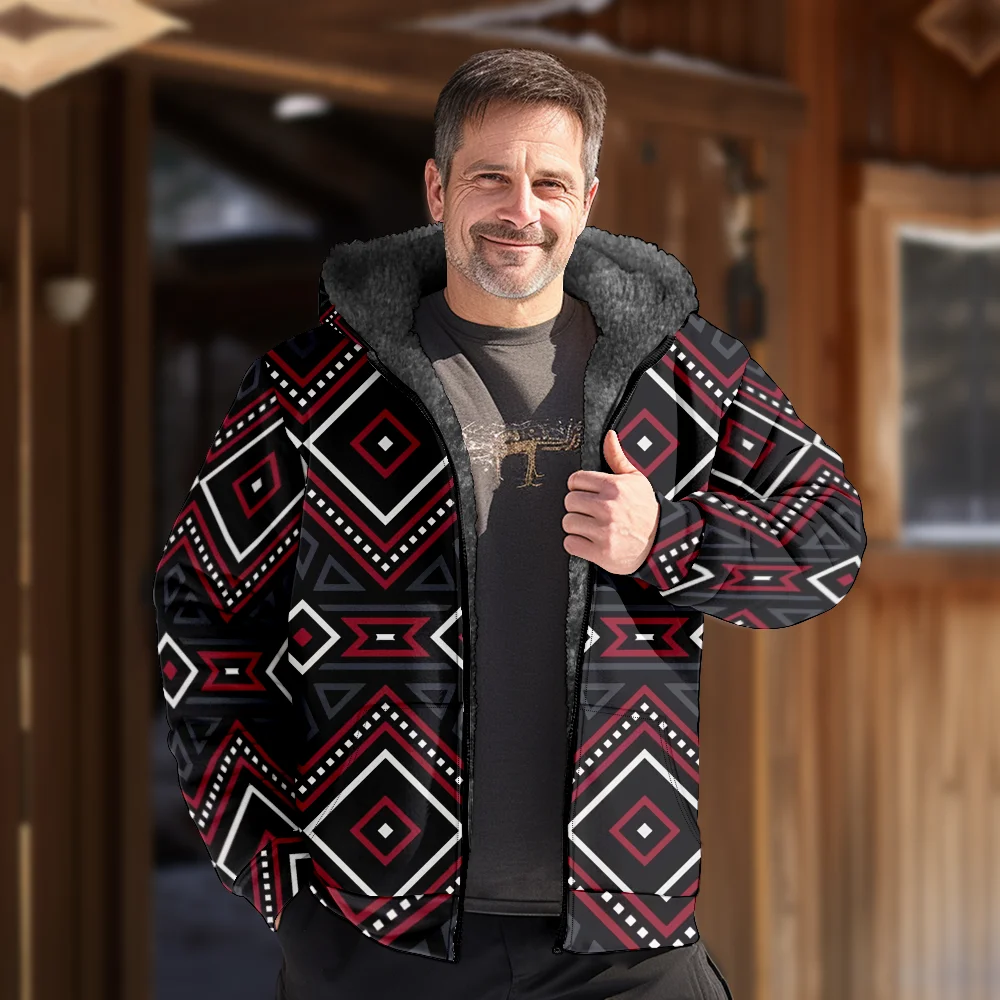 Men's Winter Jackets Coats vintage geometric creative Pattern Cotton Clothes Overcoat Loose-fit Beach Traveling