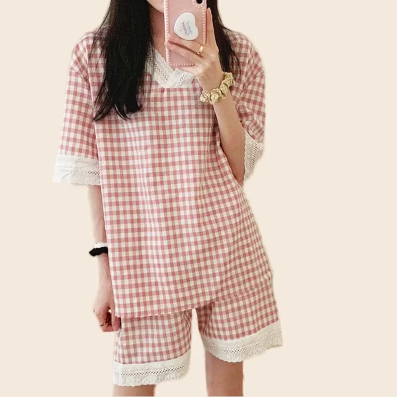 

Summer Pajamas Set Short Sleeve Shirt Shorts 2Piece/Set Sexy Lace Cute Pyjama Big Size Mom Homewear Cozy Plus PJS