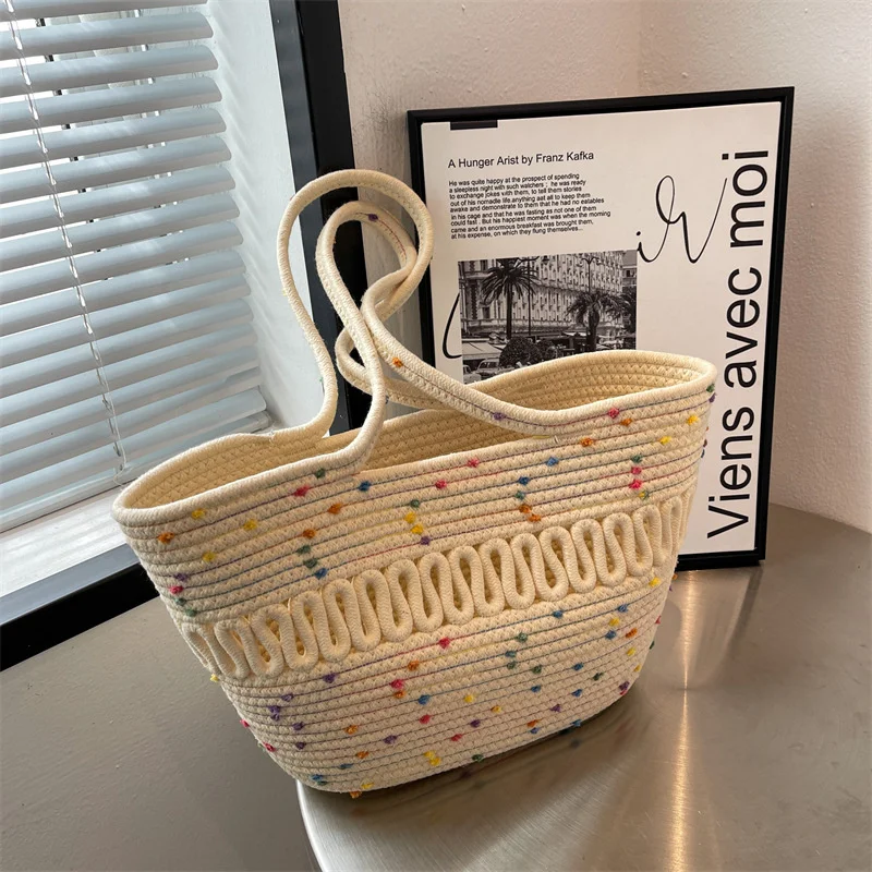 

2022 Summer Straw Woven Bag Niche Design Large-capacity Beach Bag Cotton Thread Woven Shoulder Bag Vegetable Basket For Children
