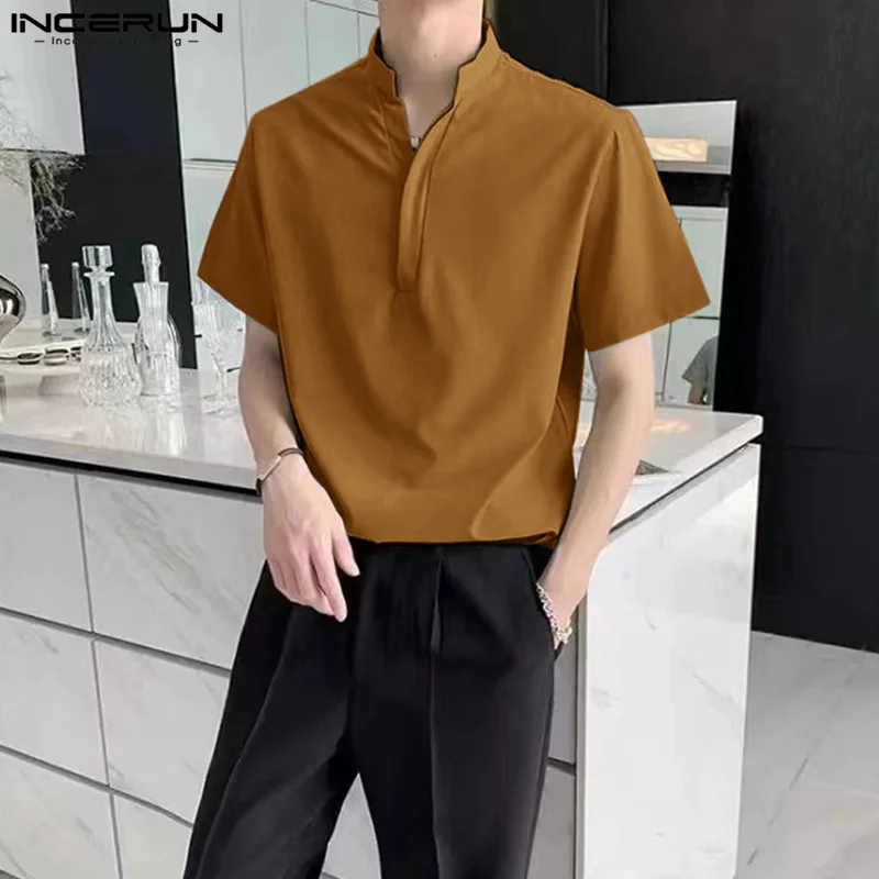 

2023 Men Casual Shirts Stand Collar Short Sleeve Korean Men Clothing Solid Color Summer Streetwear Leisure Male Shirt INCERUN