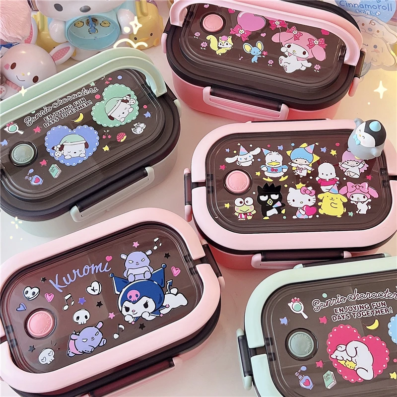 

Sanrios Kuromi Cinnamoroll My Melody Pompom Purins Hellokittys Anime Kawaii Lunch Box with Cutlery Large Capacity Crisper Gift