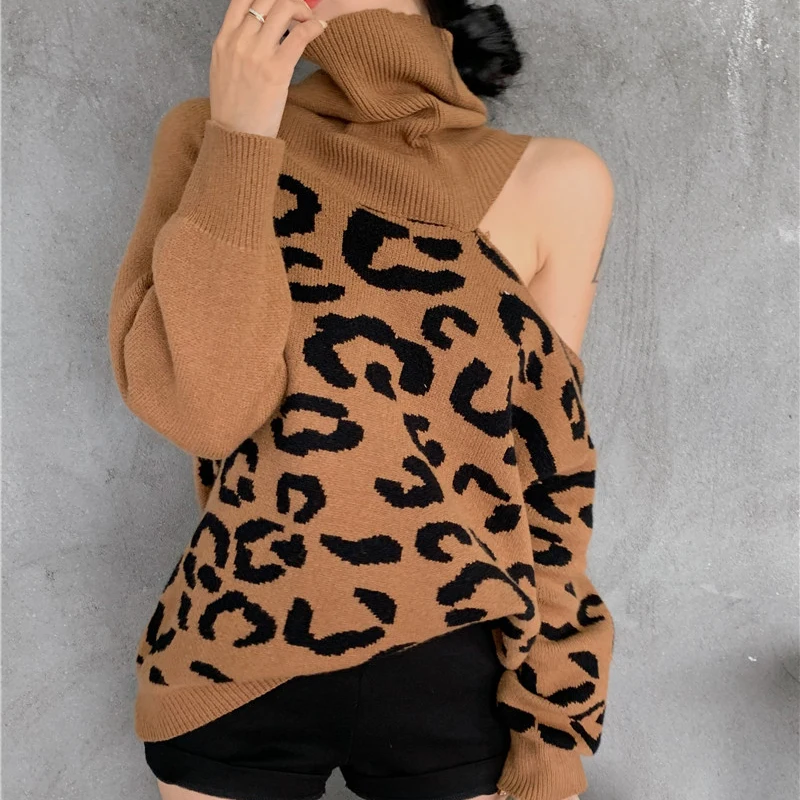 

Sexy Off Shoulder Women Sweater Fashion Leopard Pullover Knit Loose Turtleneck Warm Winter Long Sleeve Mujer Coat New