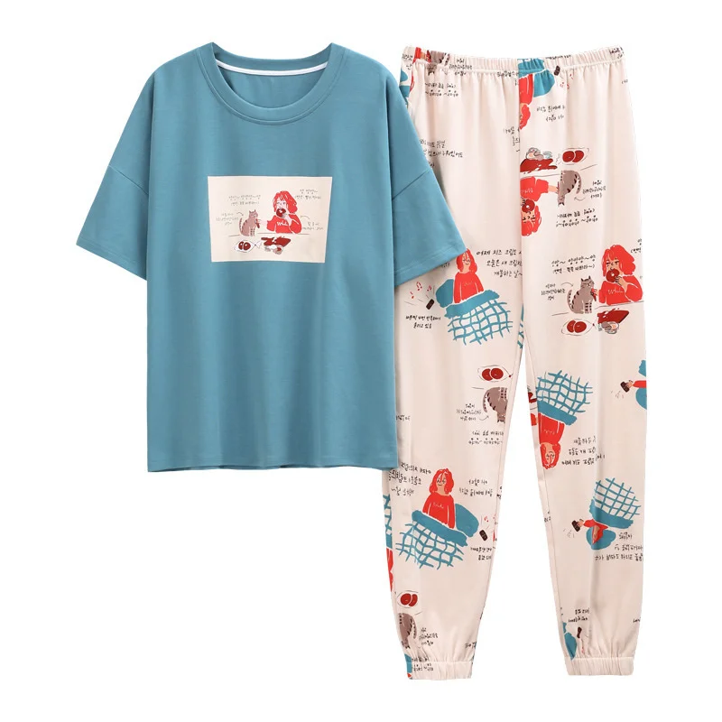 pajamas women's spring  summer cotton thin short sleeved trousers round sweet  lovely collar  casual home clothes