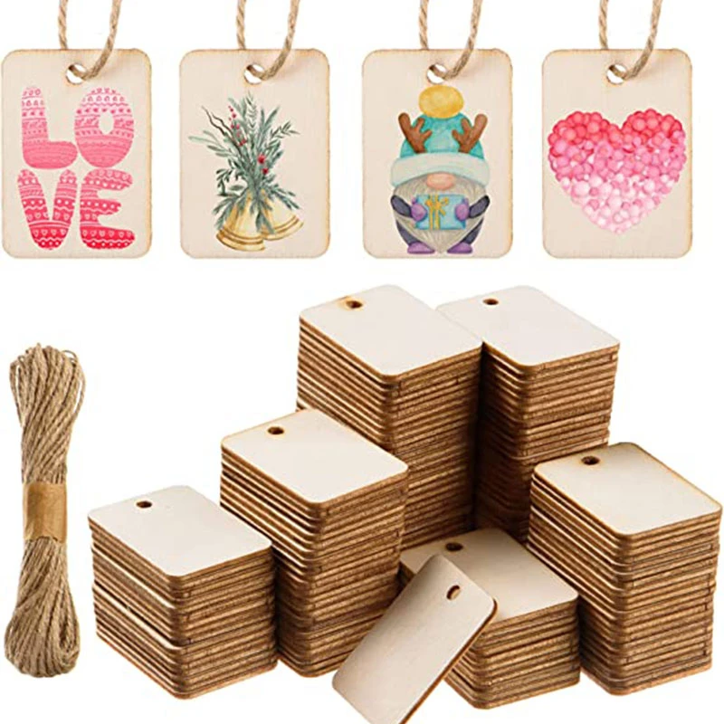 

25Pcs Unfinished Wood Gift Slice Tags Rectangle Wooden Hanging Label with Hemp Rope DIY Craft Hanging Wedding Christmas Decor