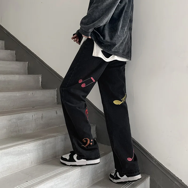 New Embroidery Jeans for Men Baggy Denim Trousers Fashion Street Style Bottoms Harajuku Straight Pants Plus Size Male Clothes
