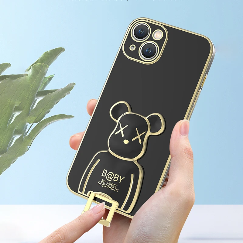 

For IPhone 11 12 13 with Trendy Bear Stand Phone Case for IPhone 11 12 13 Pro Max Lens Allinclusive Protective Case Camera Cover