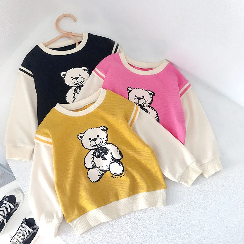 

Girls Cute Bear Fake Two T-shirt Spring Autumn Kids Long Sleeve Cartoon Top 3-7 Years Children Fashion Korean Clothing
