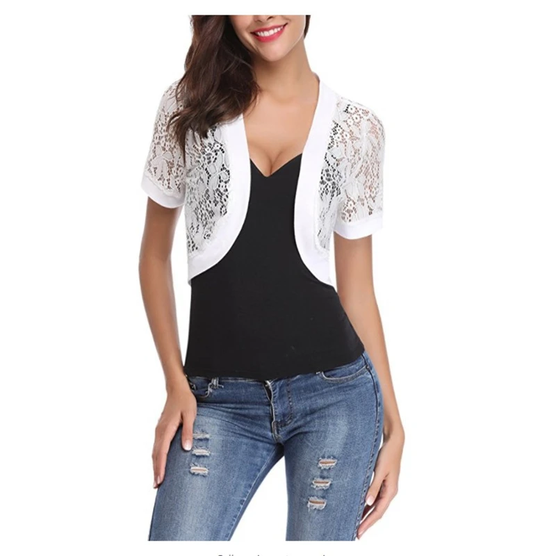 

Sexy Women Black White Lace Elegant Ladies Shrug Short Bell Sleeve Cropped Jacket Shrug For Wedding Evening Prom