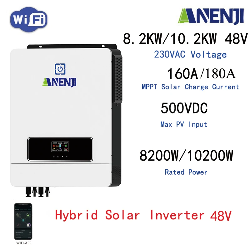 Гибридный солнечный инвертор 10,2 кВт, 8,2 кВт, сетчатый инвертор, немодулированный синусоидальный сигнал 48 В, 220 В переменного тока, контроллер заряда солнечной батареи MPPT 160 А