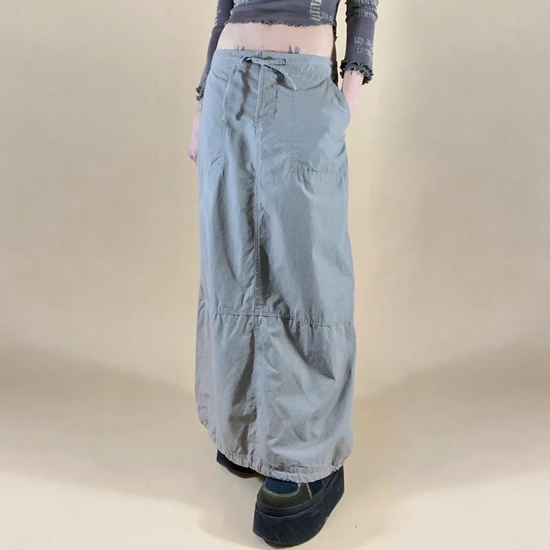 

Y2K Aesthetic Tie Up Big Pockets Cargo Straight Skirts Harajuku Prepply Vintage Grey Long Skirts Korean Women Vintage Streetwear
