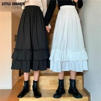 vintage high waisted skirt women spring autumn teens school girls frill pleated ruffles patchwork long midi black goth skirts