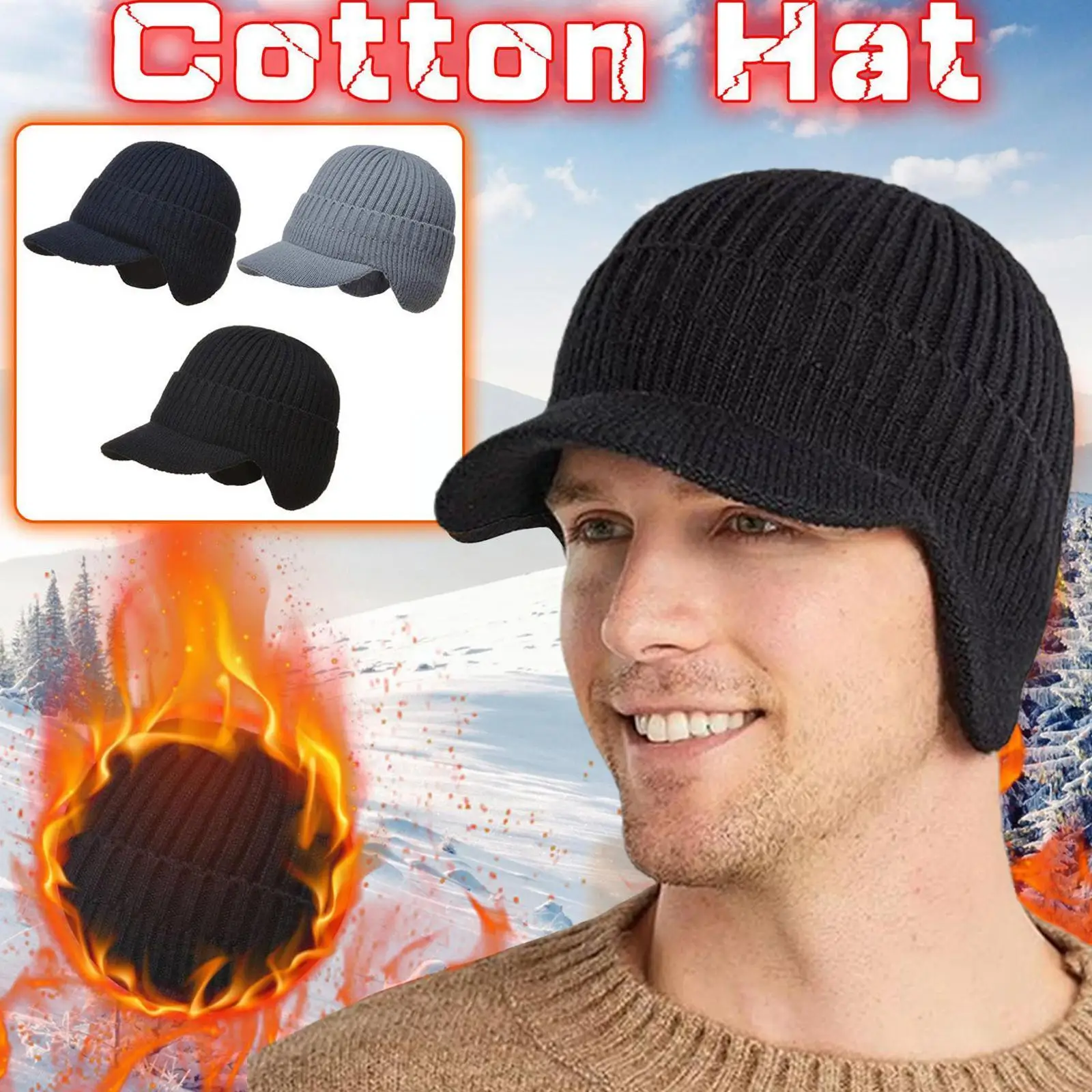 

Мужская зимняя трикотажная шапка, шапка с защитой ушей для езды на велосипеде на открытом воздухе, шапки, Повседневная теплая Модная шапка-бомбер от солнца, 56-61 см, U6V4