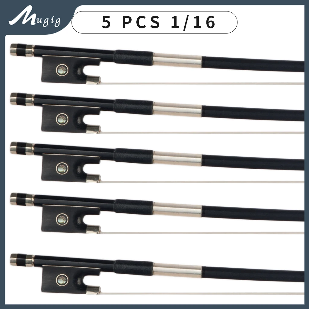Mugig 5pcs Black Carbon Fiber Violin Bow 1/16 Small Size 50cm White Horsehair Ebony Frog Fast Response Child Student Bow