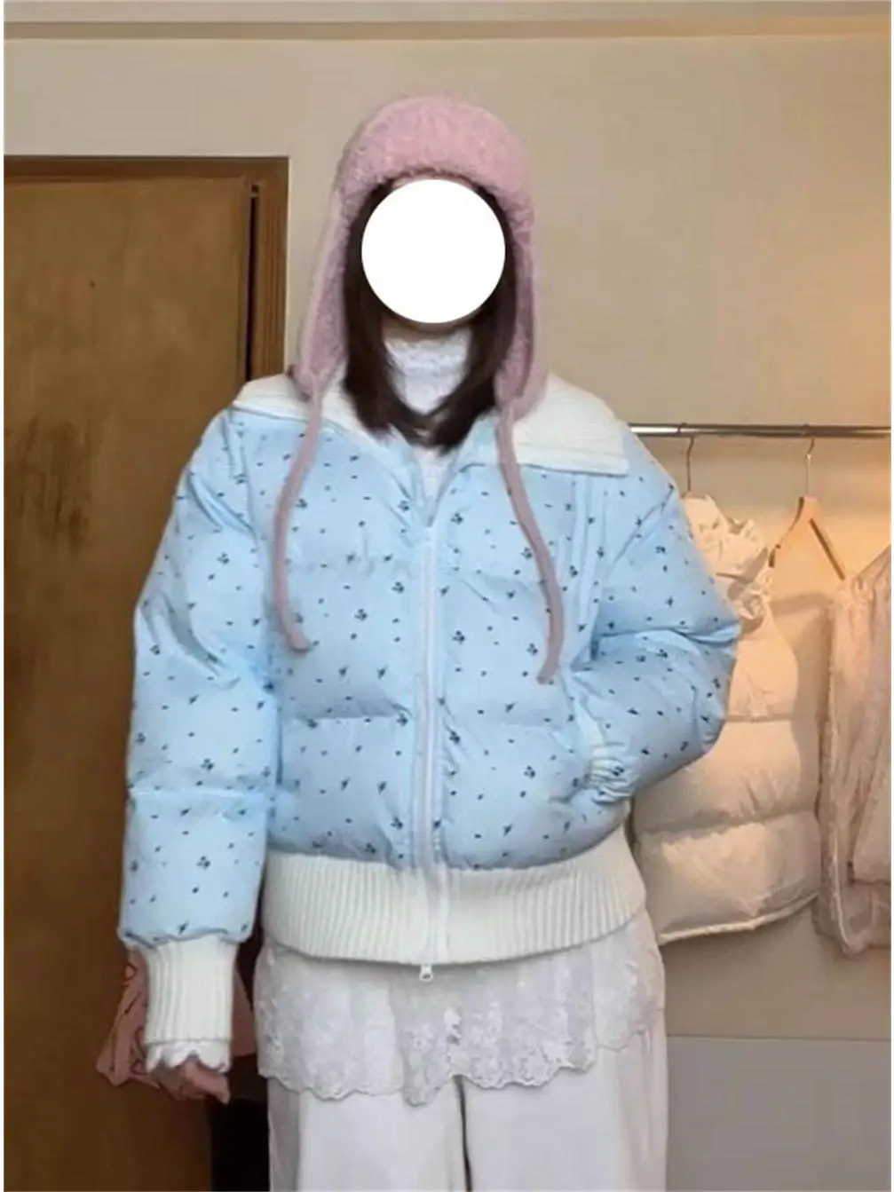 Sweet Preppy Small Floral Cotton-Padded Jacket for Women Winter Gentle Sle Milk Blue Patchwork Large Lapel Thickened Cotton... |