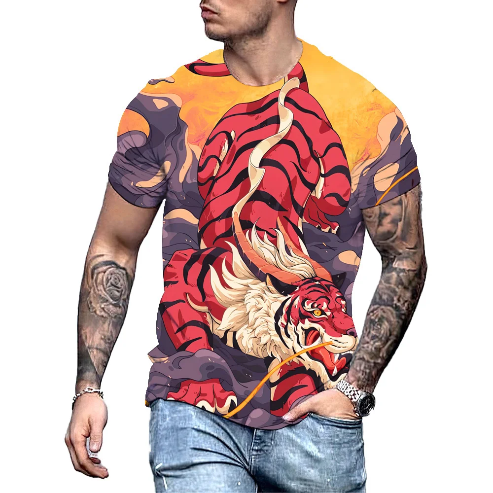 

3D Printed Tiger Printed Men's T-shirt, Casual Round Neck Shirt, Summer Urban Fashion, Hip-hop, Comfortablemen Clothingt-shirts
