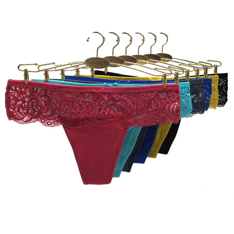 

6 шт./комплект, женские кружевные однотонные хлопковые трусики-танга