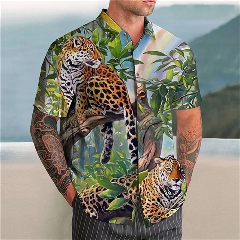 

Tropical Forest Hawaii Shirts 3D Cheetah Shirt Summer Beach Men's Fashion Top Casual Breathable Shirt Beach Holiday Short Sleeve