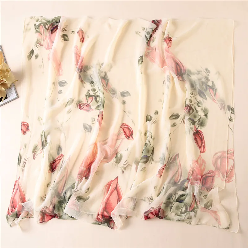 

Women Flowers Printing Beach Silk Scarf Shawls Female Large Wraps Beach Sunscreen Hijab 2022 New Fashion