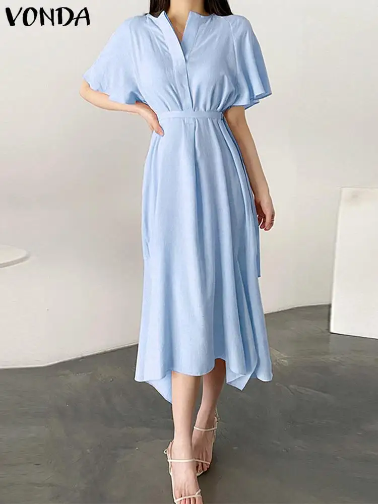 

VONDA Elegant Shirt Dress Women Summer Asymmetrical Short Sleeve Belted Party Sundress 2023 O-Neck Casual Solid Color Midi Robe