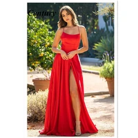 spaghetti strap red prom dresss high split evening dresss sweep train wedding party dress a line evening gown backless prom gown