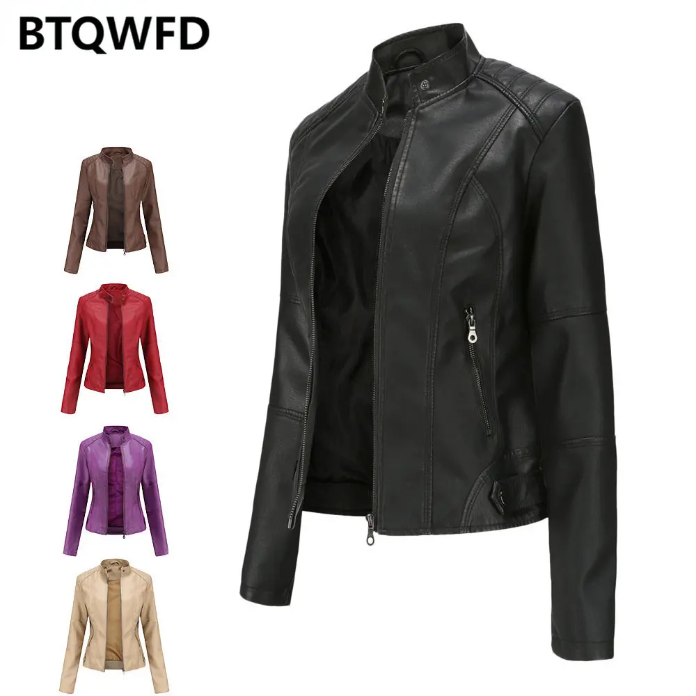 Enlarge Coats Female Clothing Women's Jackets 2022 New Ladies Autumn Winter Long Sleeve Stand Collar PU Leather Outwear Ride Tops Zipper