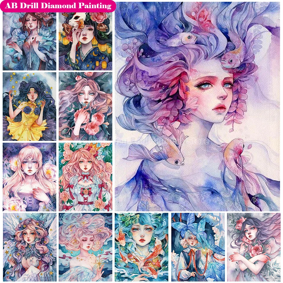 

5D DIY Cartoon AB Diamond Painting Kits Color Girl Diamond Embroidery Watercolor Flower Diamond Mosaic Abstract Home Decor Gift
