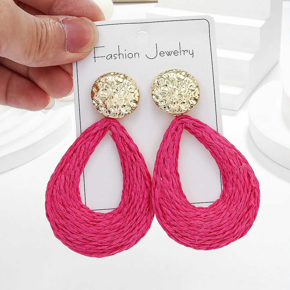 Уникальные розовые серьги в форме сердца из рафии милые богемные серьги-подвески