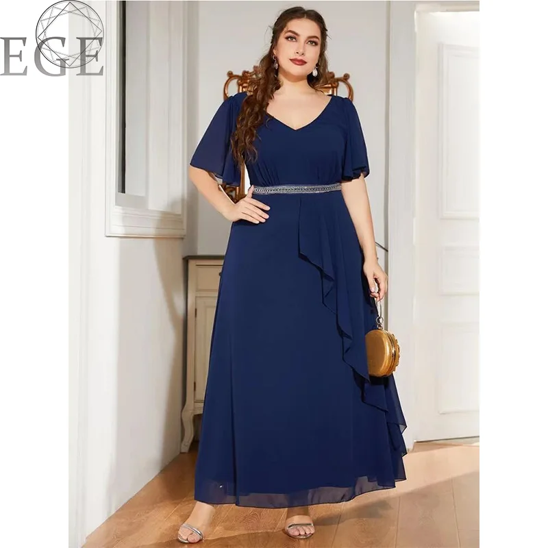 Spring Tibetan Blue Plus Size Dress 5XL6XL Chiffon Loose V Neck Short Sleeve Elegant Commuting Daily Plus Size Women's Wear